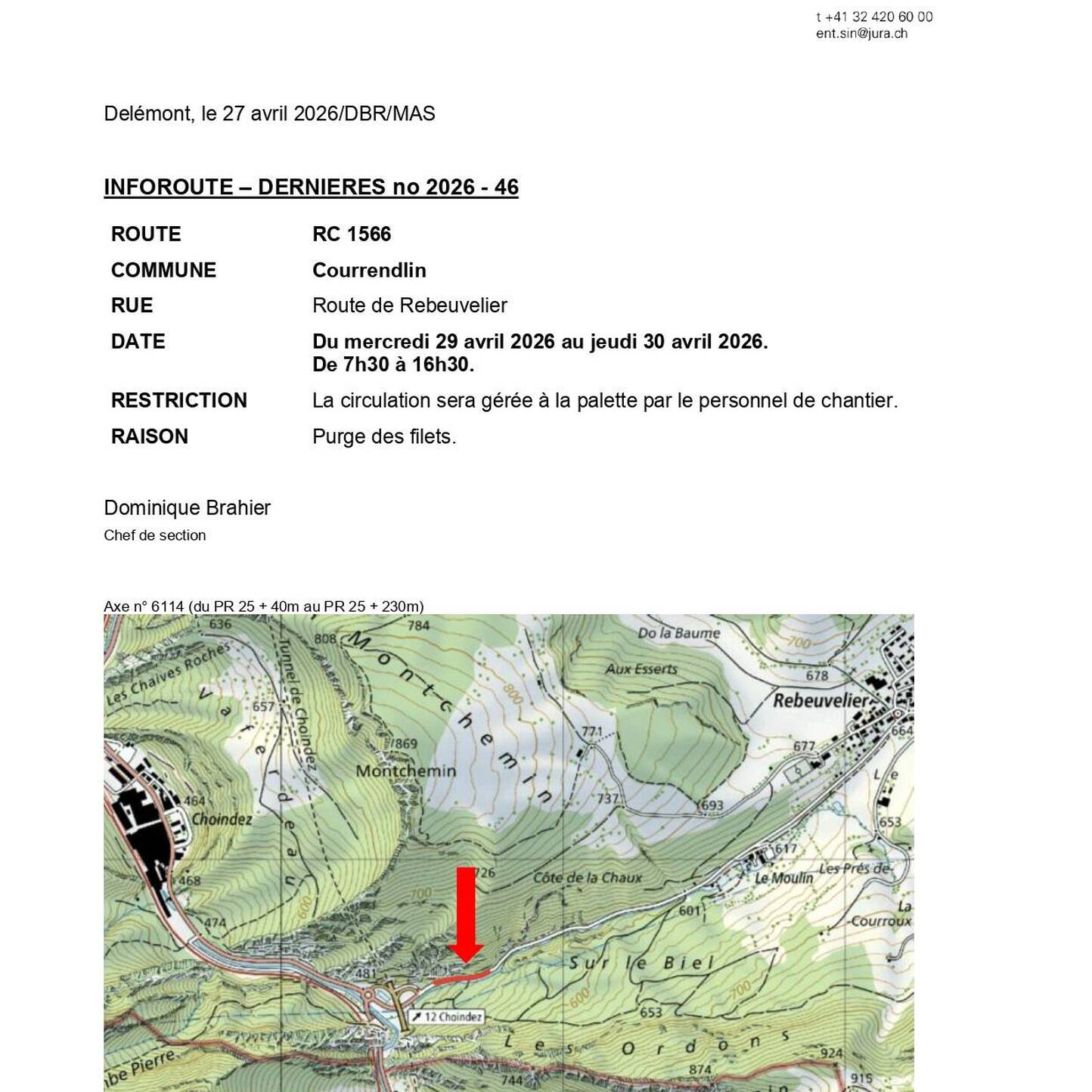 Inforoute - Restriction du trafic sur la Route de Rebeuvelier