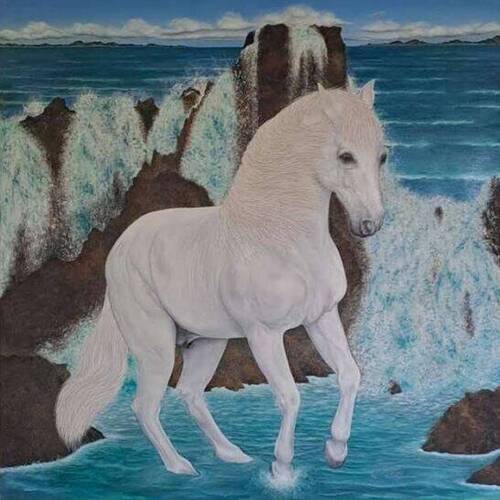 Peinture à l'huile - Cheval blanc dans la mer