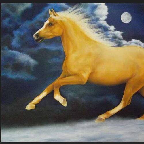 Peinture à l'huile - Pleine lune galop sur neige